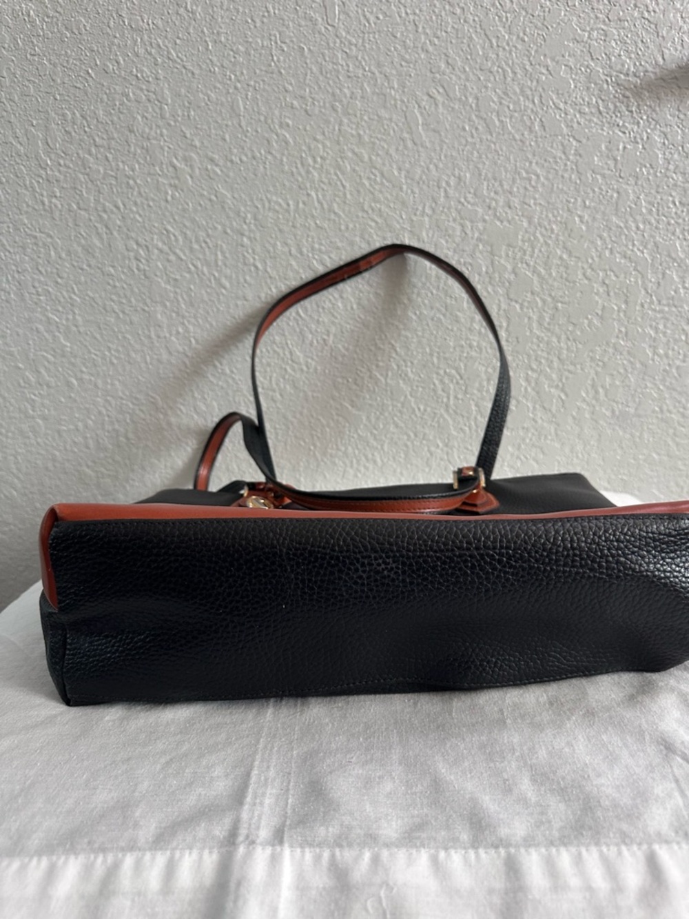 Dooney & Bourke Black Pebbled Leather Tote Bag Brown Trim Shoulder Bag - Picture 10 of 14